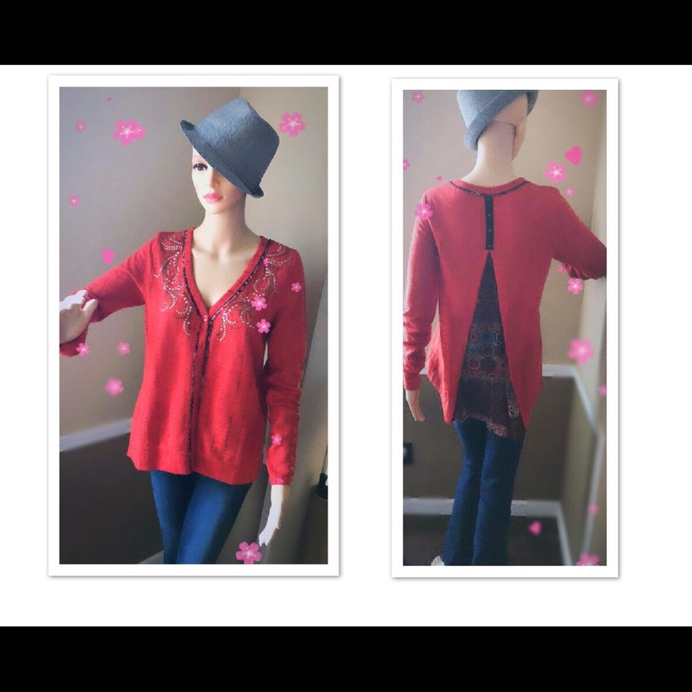 ORANGE Cardigan Miss Me Studded Sweater w/Mixed Aztec S
